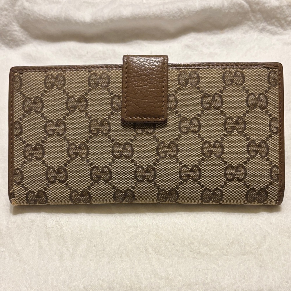 GUCCI GG SUPREME Pebbled Leather Brown Logo Canvas Billfold Long Wallet